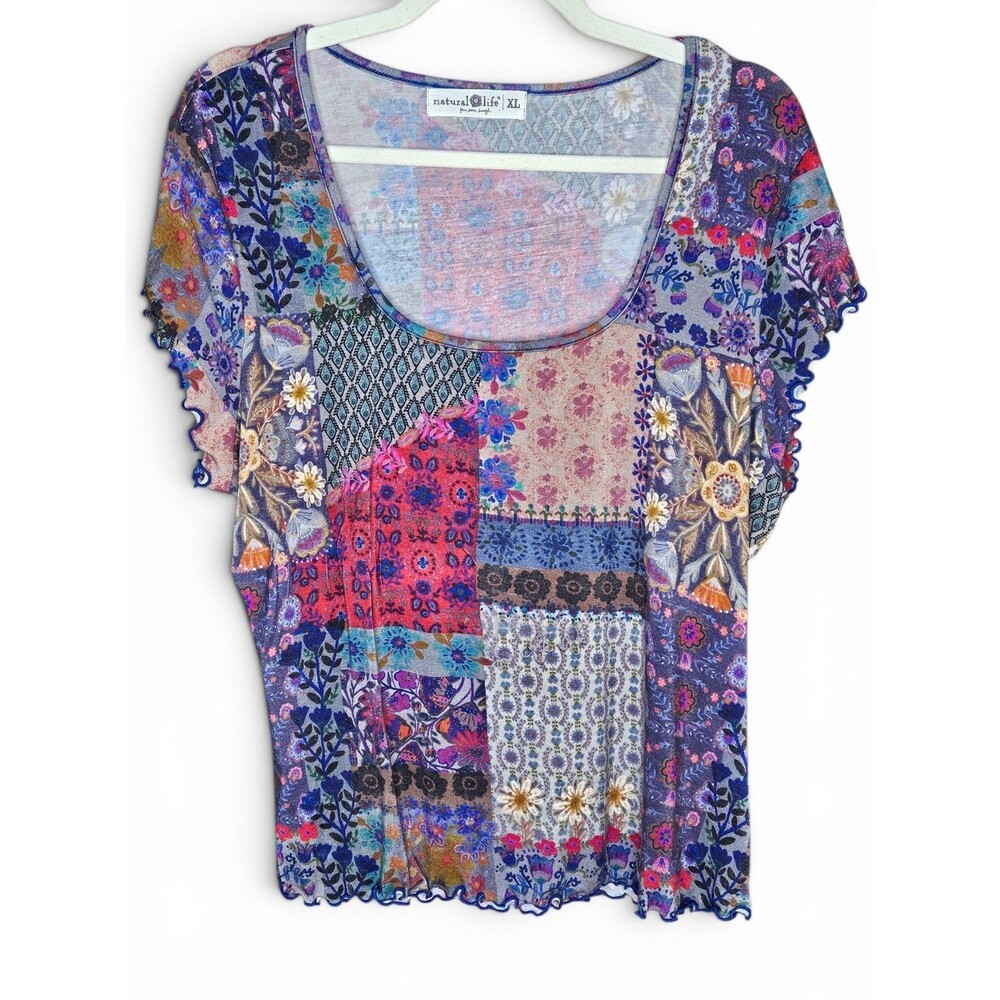 Natural Life Patchwork Top Womens XL Multicolor Stretch Boho